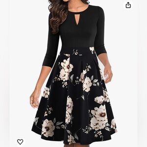 Vintage Floral Flared A-Line Swing Casual Party Dress with Pockets - Black